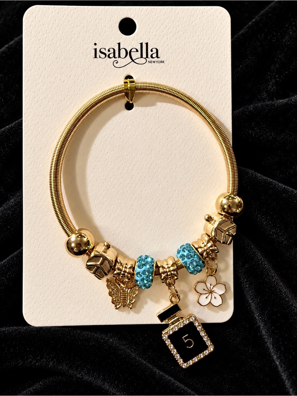 Isabella Gold Charm Bracelet with Blue Crystal Beads and a Perfume Bottle Charm
